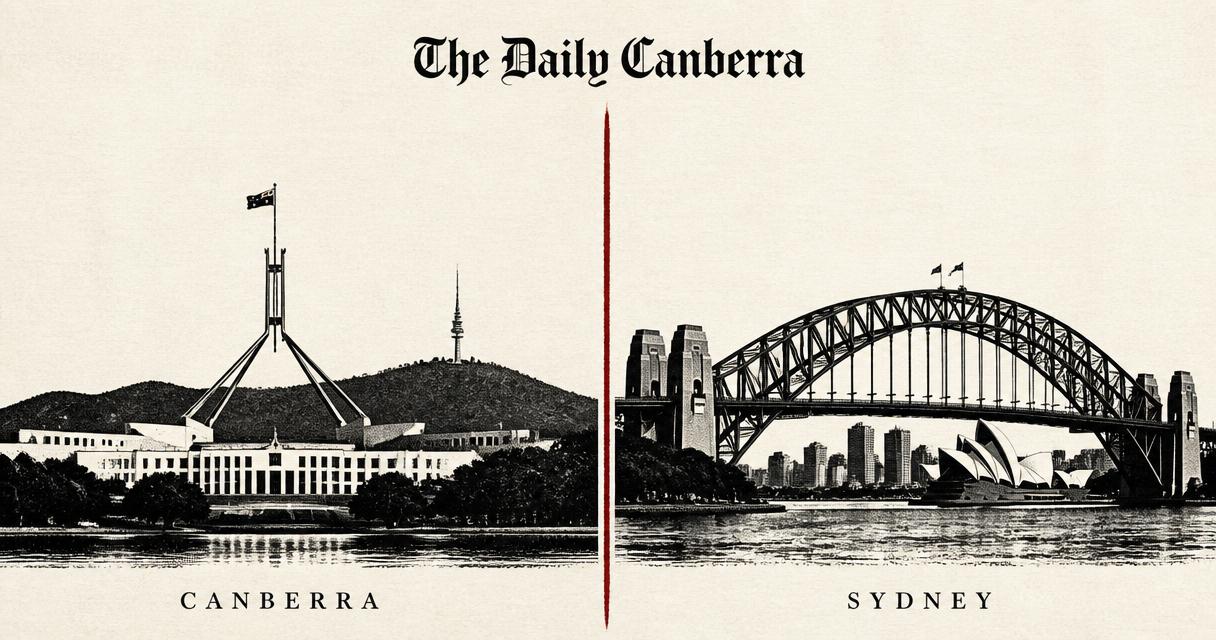 Editorial split illustration: Manila on the left and Sydney on the right
